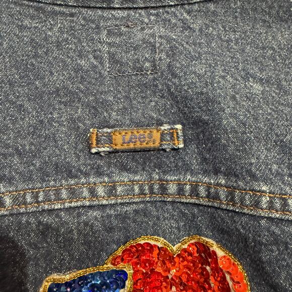 Lee Blue Denim I Heart Texas  Patch Vintage Jean Jacket Sz L - Picture 8 of 13